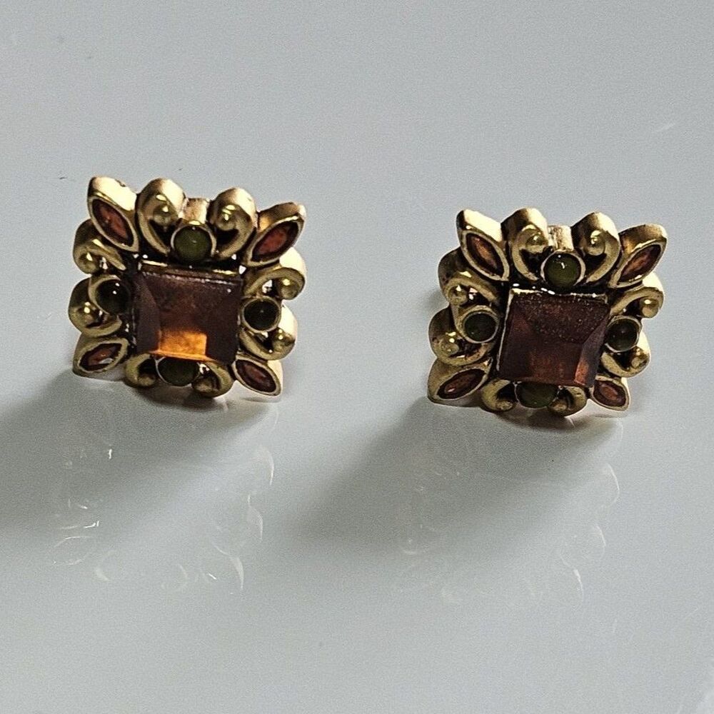 Vintage Gold Tone Orange Rhinestone Green Accent Clip On Earrings - Picture 1 of 8
